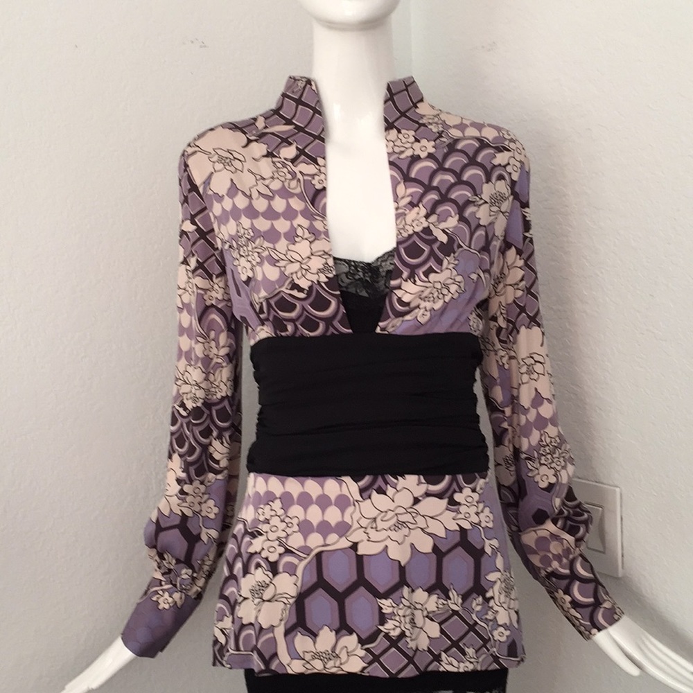 Eva Fortune floral print deep v silk blouse